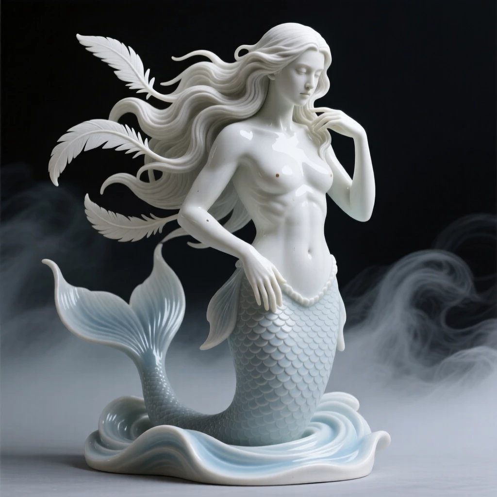 A mermaid combing her long flowing hair emerging dramatically from a swirl of mist, with delicate feathers trailing like ribbons, conveying protective strength and loyal guardianship.