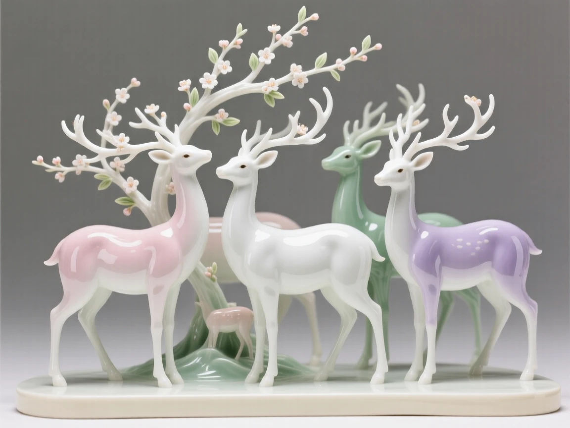 A dreamlike scene of a herd of deer with antlers made of blooming branches, quietly majestic and softly luminous.