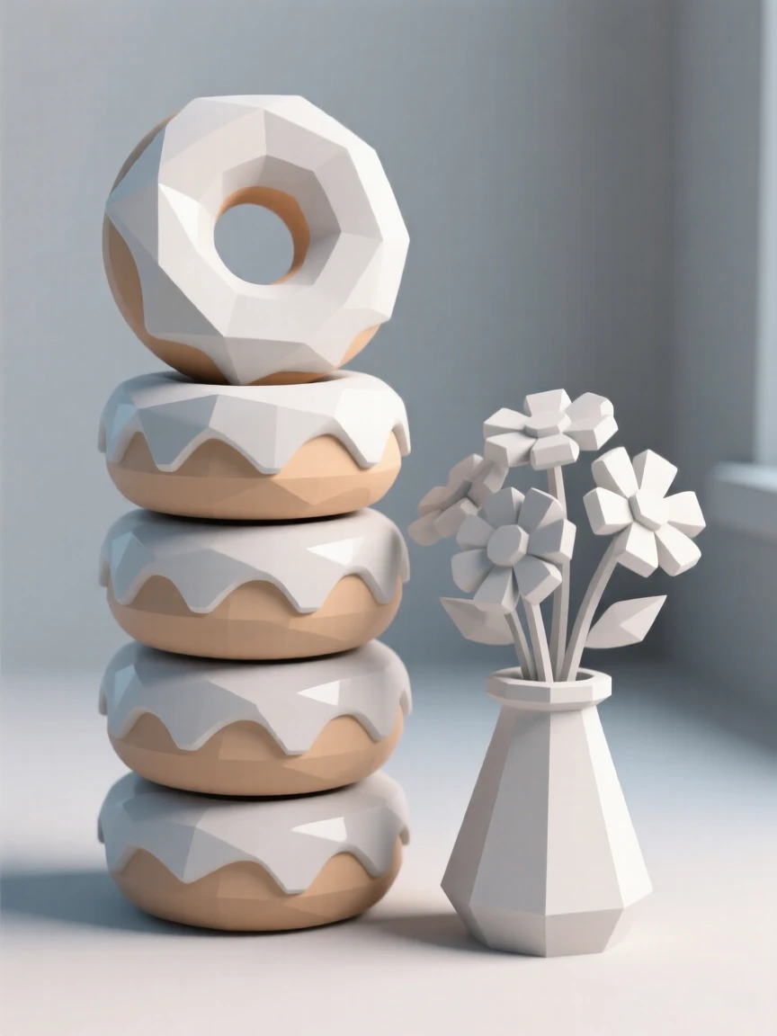 A tall stack of glazed donuts, beside fresh flowers in a small vase. a shallow depth of field keeps focus on the food. It captures a simple, joyful moment.