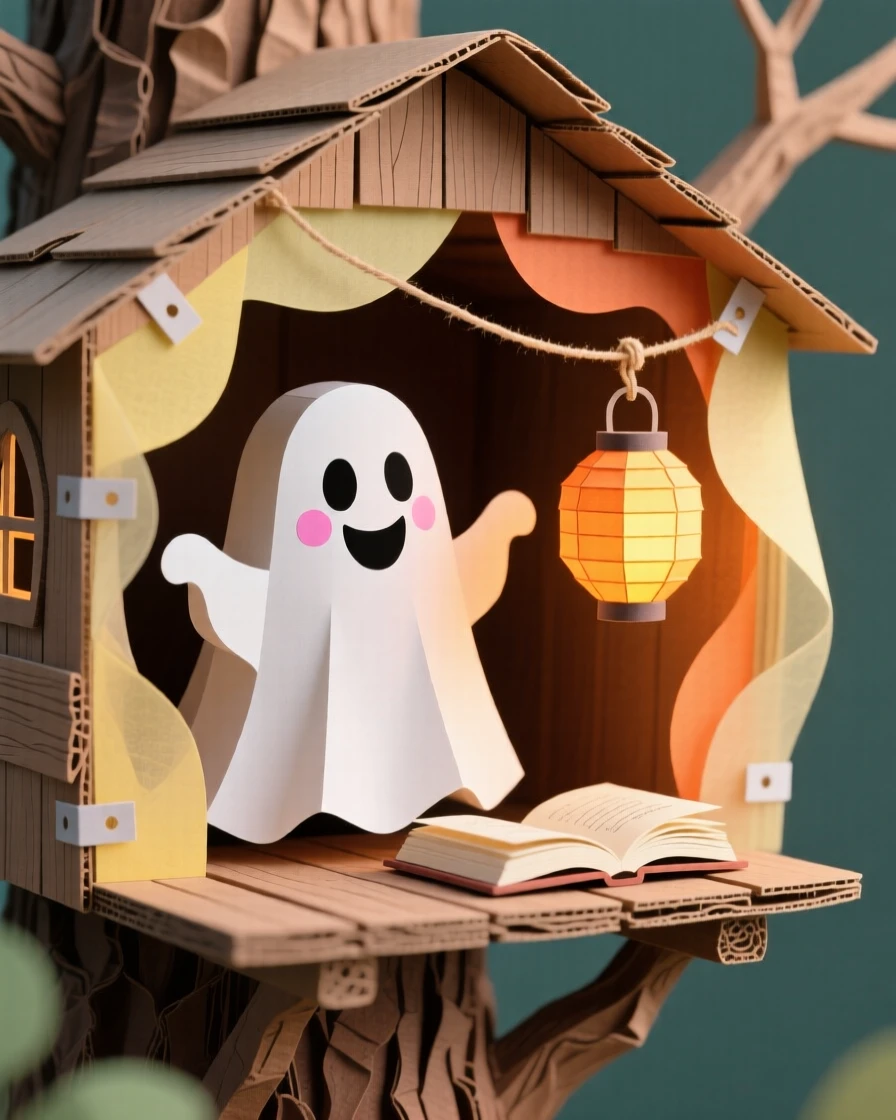 A friendly ghost with a big smile nestled in a cozy treehouse nook, with a soft warm glow surrounding it, evoking cozy storybook charm.