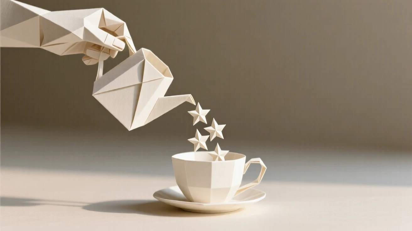 A hand pouring stars from a small pitcher into a waiting teacup below.