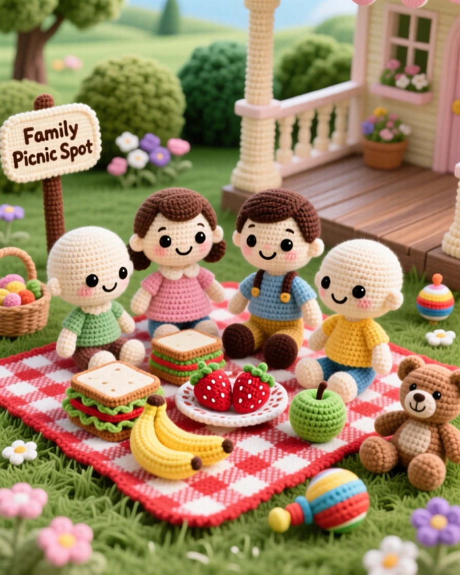 a family having a picnic together in the park, spread out on a checkered blanket, is captured sharing sandwiches and fresh fruit in a quiet porch overlooking a peaceful garden beside a scattering of toys tidied nearby, showing the simple joy of everyday family life.