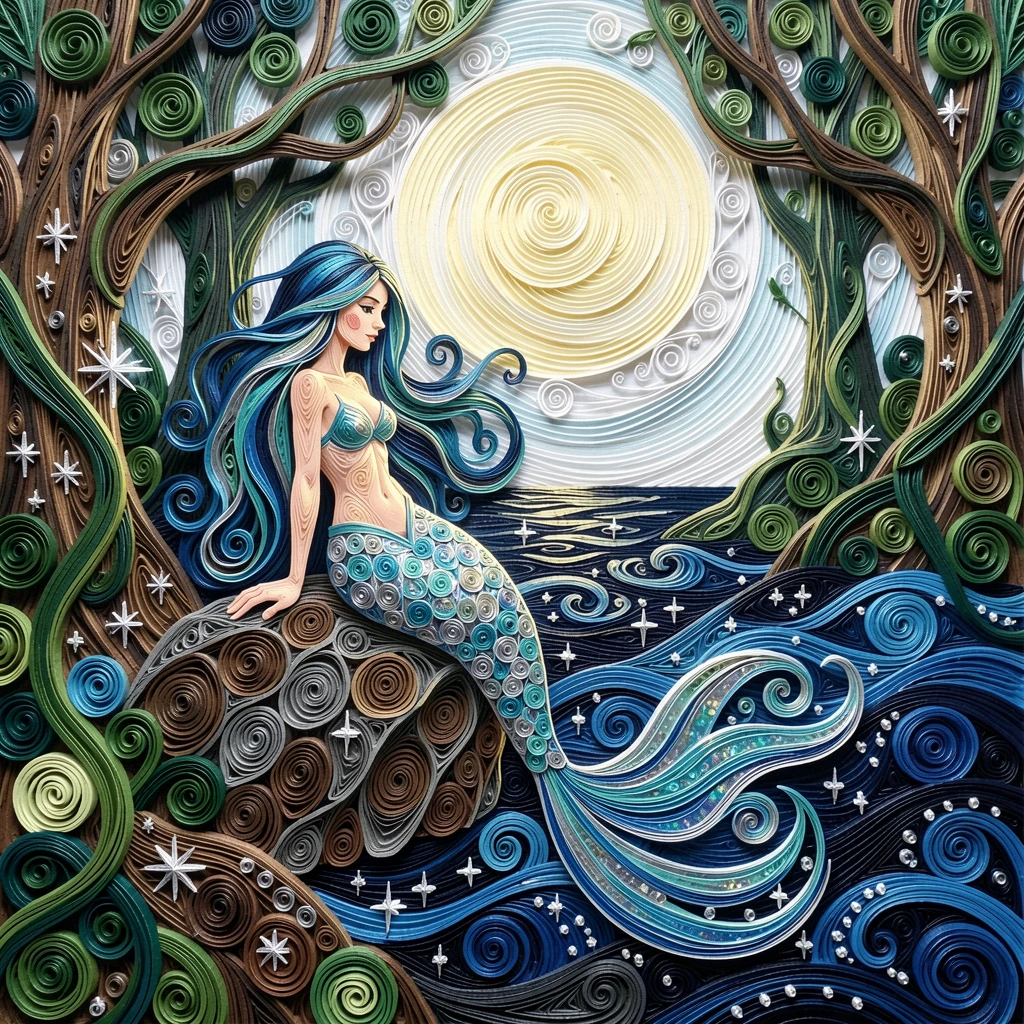 A magical fantasy scene of a mermaid perched on a rock beside a moonlit sea within an ancient enchanted forest, with shimmering starlight reflected on every surface, shown in a grand, awe-inspiring wide composition.