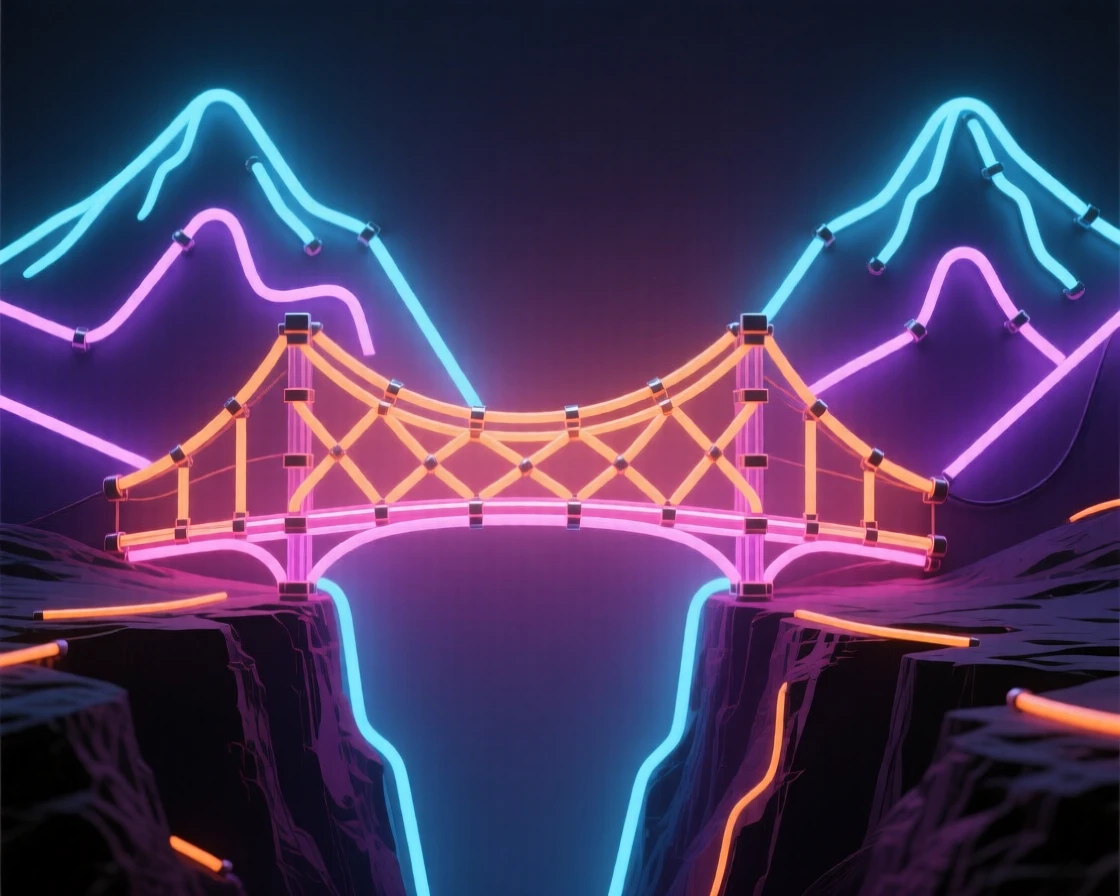 A bridge of woven light spanning a canyon between two mountain peaks.