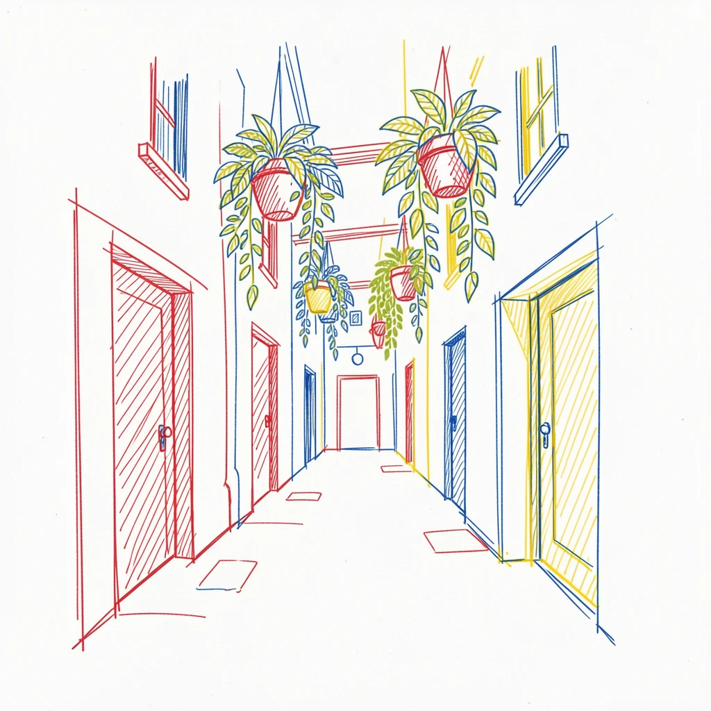 A quiet alleyway decorated with hanging plants and colorful doors
