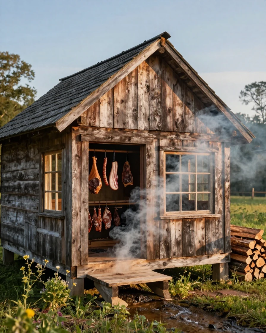 A traditional smokehouse curing meats over hickory