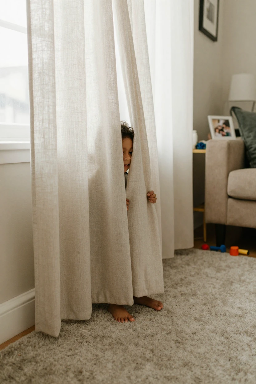 A child hides behind a curtain during a game of hide and seek, feet clearly visible.