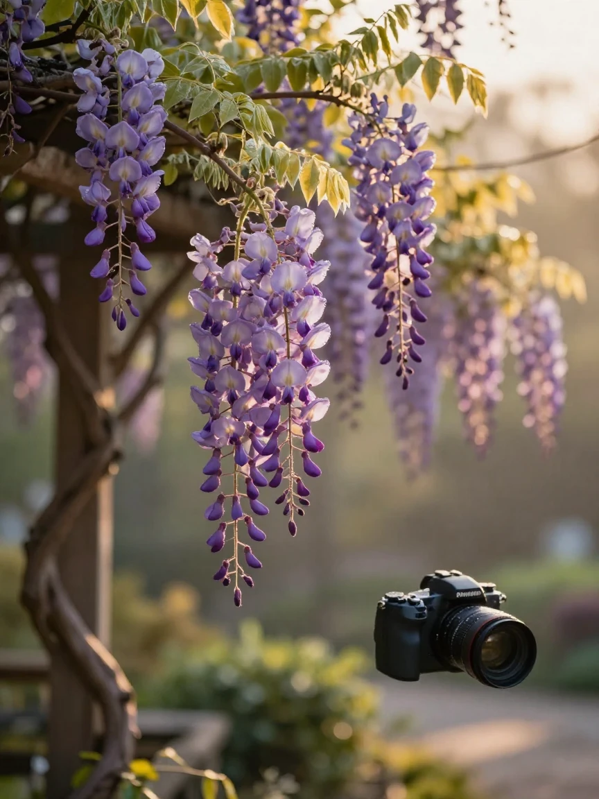 A trailing vine of purple wisteria swaying gently in a morning breeze