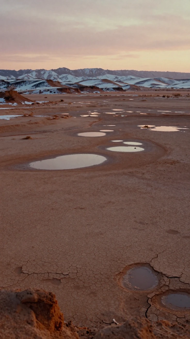 Cracked, dry earth stretching across a wide desert basin, in warm morning light, just after a rain shower, with puddles reflecting the sky, under the first snow of winter, dominated by warm amber and rust tones, from behind, looking toward the horizon.