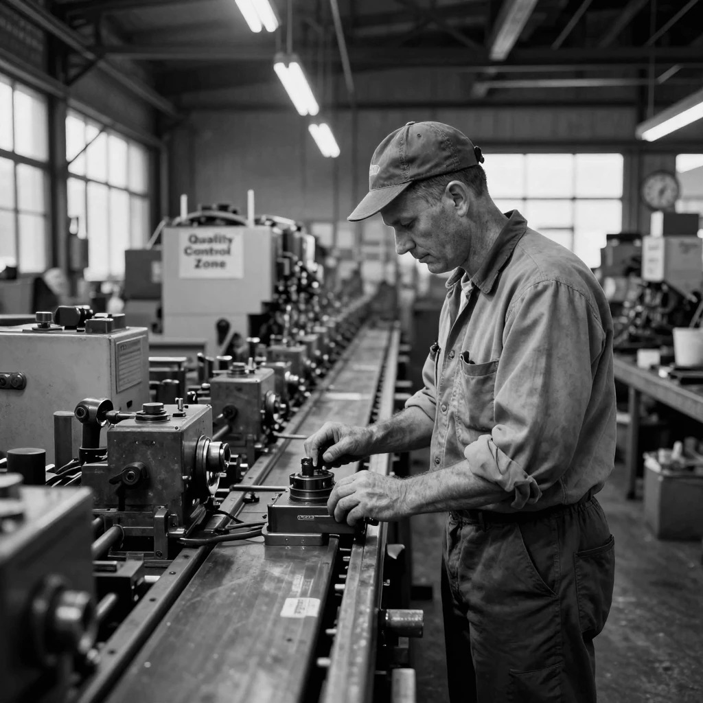 A factory worker monitors an assembly line of machines on a factory floor.