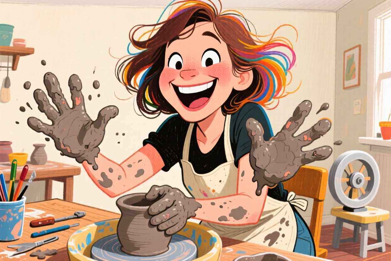 A woman doing an at-home pottery class, clay-covered hands and a proud grin.