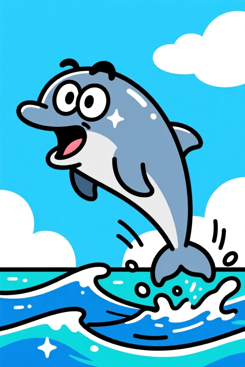 A charming animal moment featuring a playful dolphin reacting with wide-eyed surprise to something offscreen, with a mischievous glint in its eye.