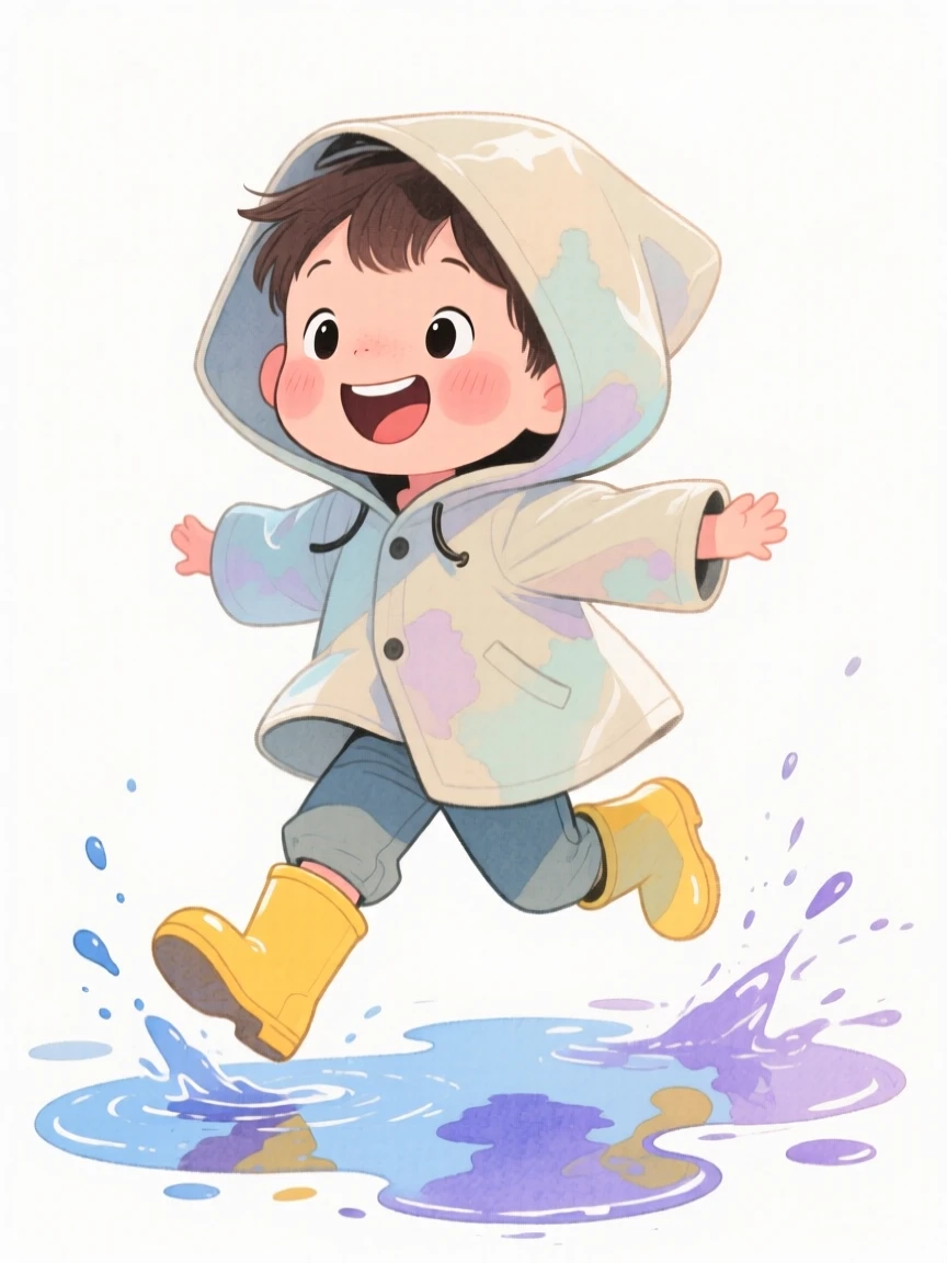 A heartwarming scene of a little boy in rain boots jumping in puddles