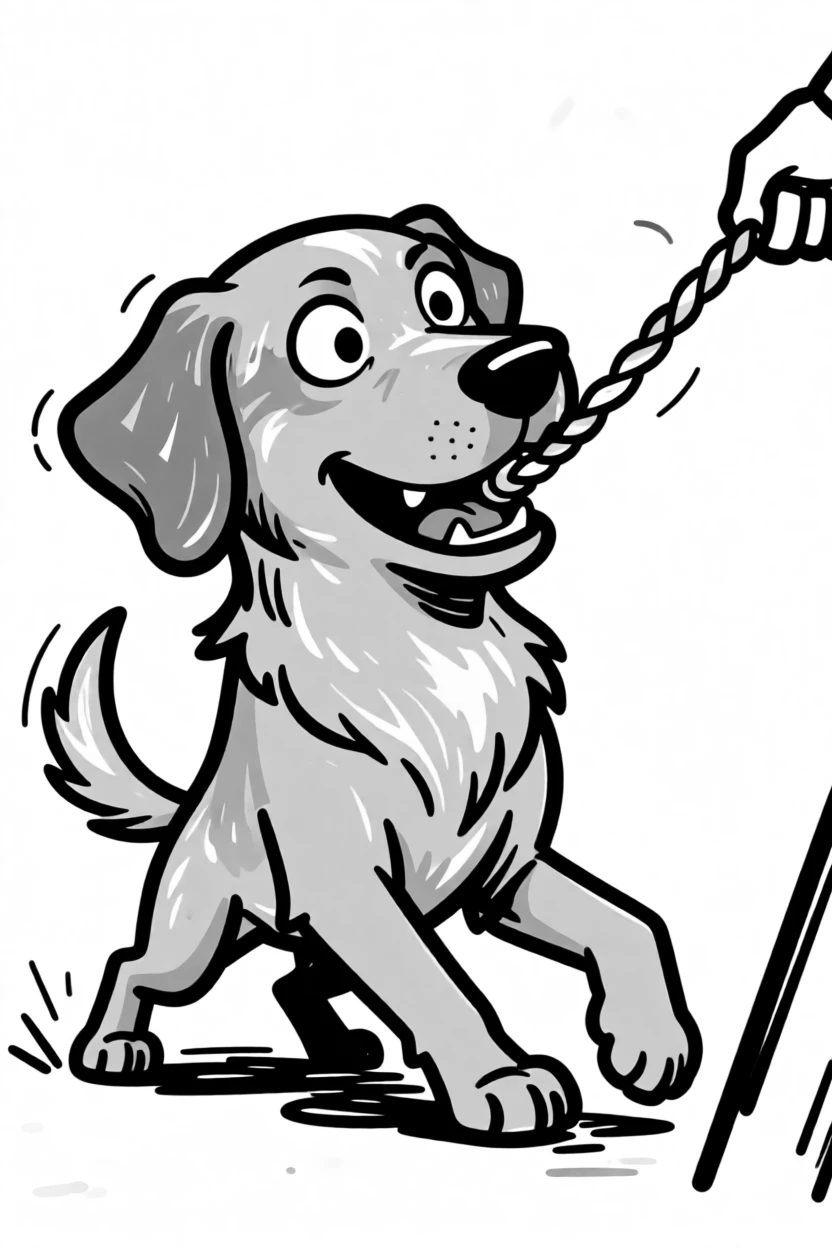 A golden retriever playing tug of war with a rope toy, back paws braced and determined.