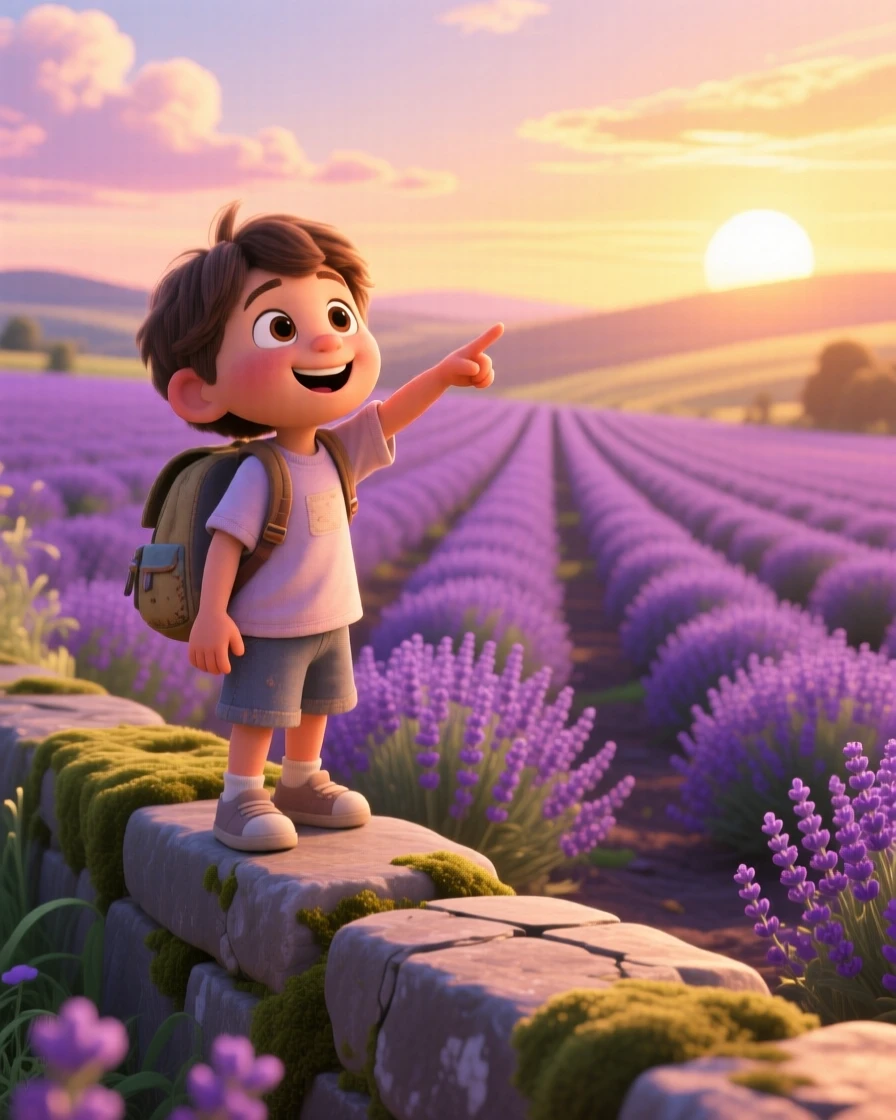 A child pointing excitedly at the view stands beside a field of lavender stretching to the horizon, resting on a stone ledge to admire the scenery. A warm sense of gratitude and wanderlust colors the moment, with warm golden light washing over everything.