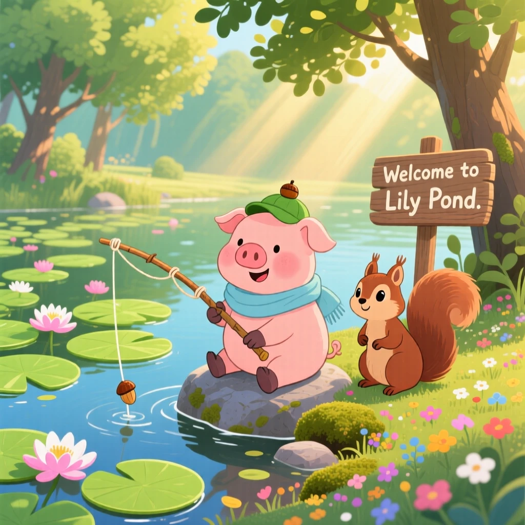 Near a lily-covered pond, a chubby piglet is fishing with a bent twig alongside a small woodland friend, with a warm breeze rustling the branches.