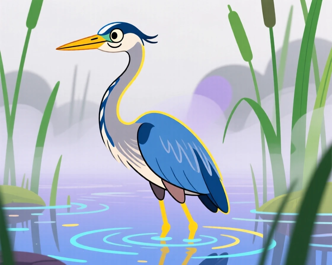 A great blue heron standing still in a misty morning marsh.