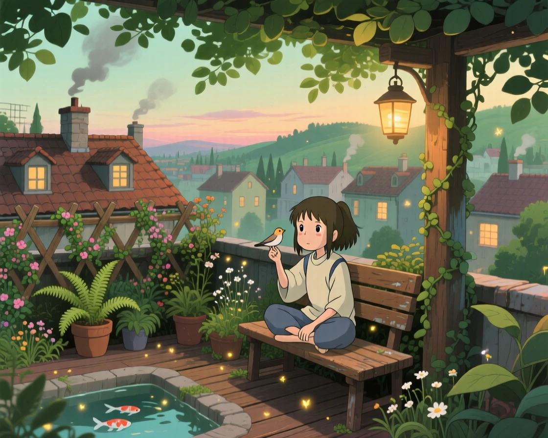 A rooftop garden overlooking a sleepy town, soft green light filtering through overlapping leaves, creating a scene of quiet natural magic.
