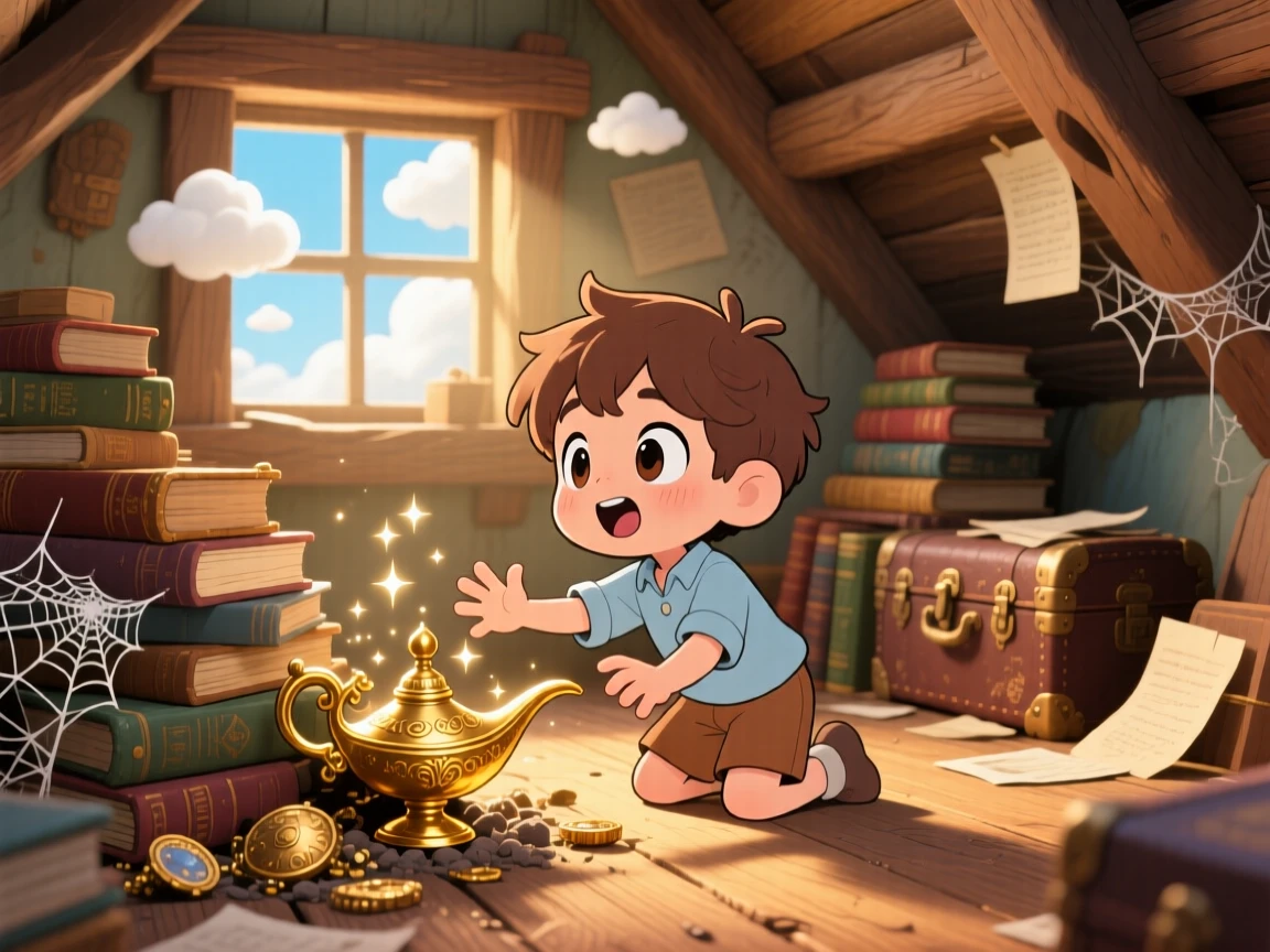 A small boy discovering a genie's lamp in an attic, framed as a medium shot within a dusty storybook attic, beneath fluffy drifting clouds, glowing under bright midday sun, evoking eager anticipation.