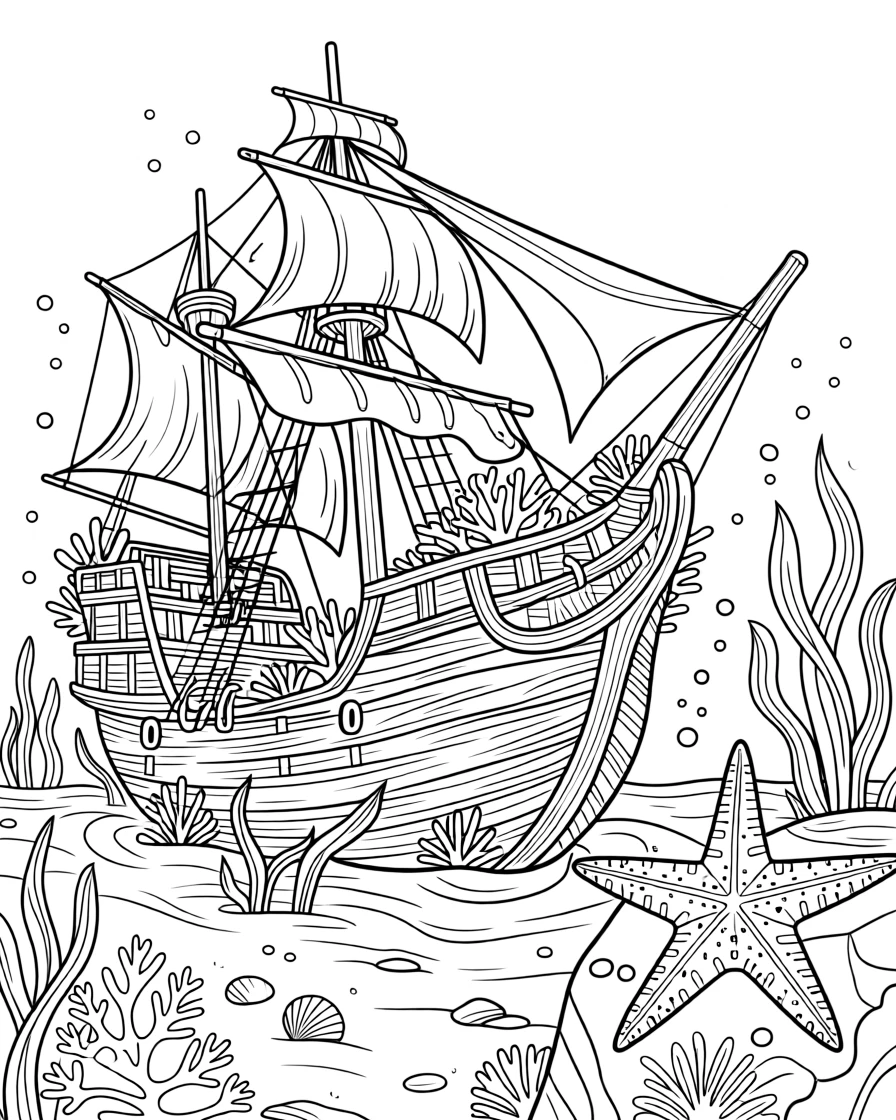A sunken pirate ship covered in coral and seaweed, with a starfish resting on a nearby ledge.