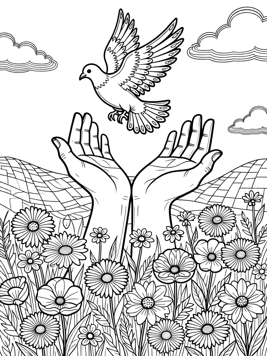 A pair of hands releasing a dove above a field of wildflowers.