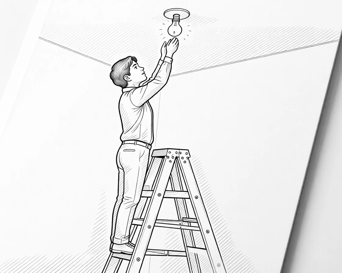 A person changing a light bulb on a step ladder
