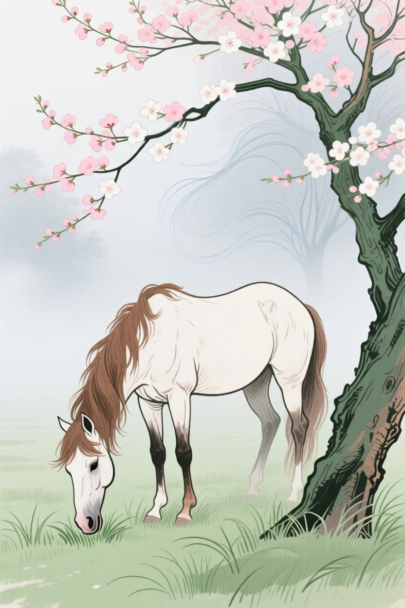 A wild mustang grazing under a blossoming tree as fog rolls in.