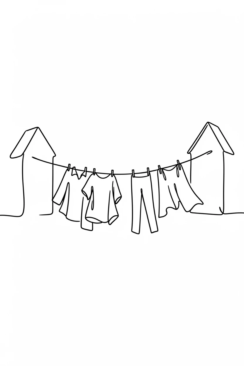 A laundry line strung between two houses with clothes drying in the breeze