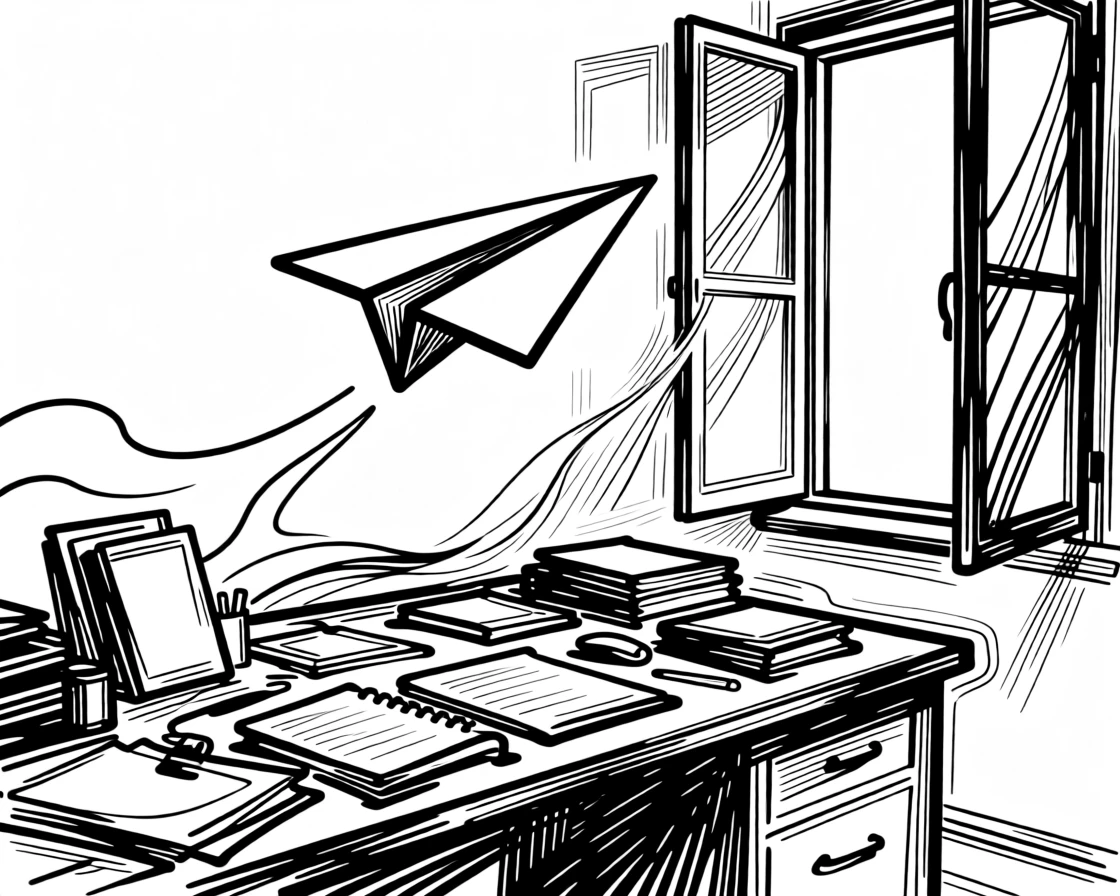 A single paper airplane soaring above a cluttered desk toward an open window.