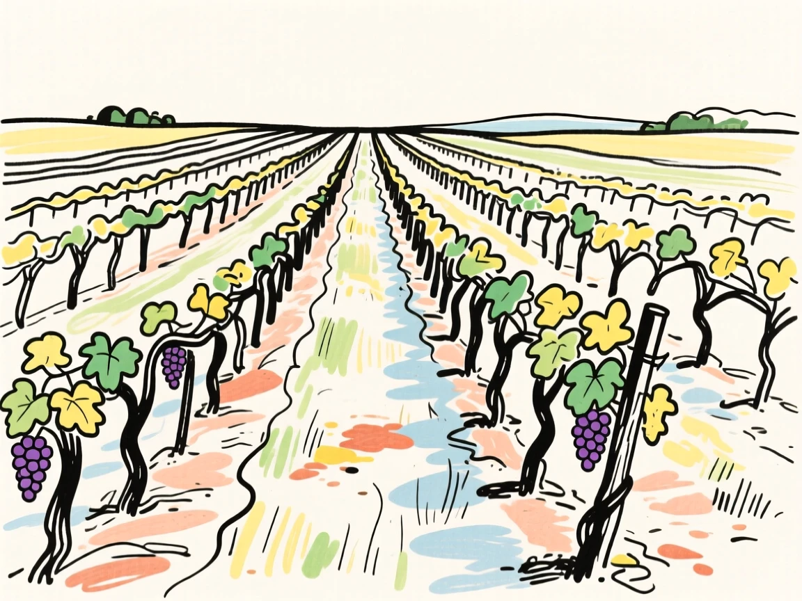 A countryside vineyard with rows of grapevines stretching to the horizon.