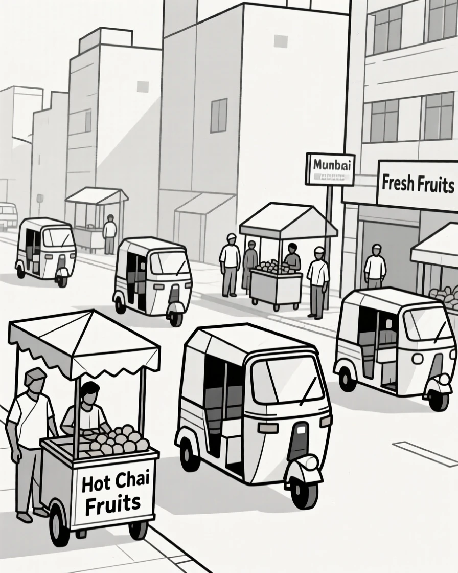 A busy Mumbai street filled with rickshaws and vendors