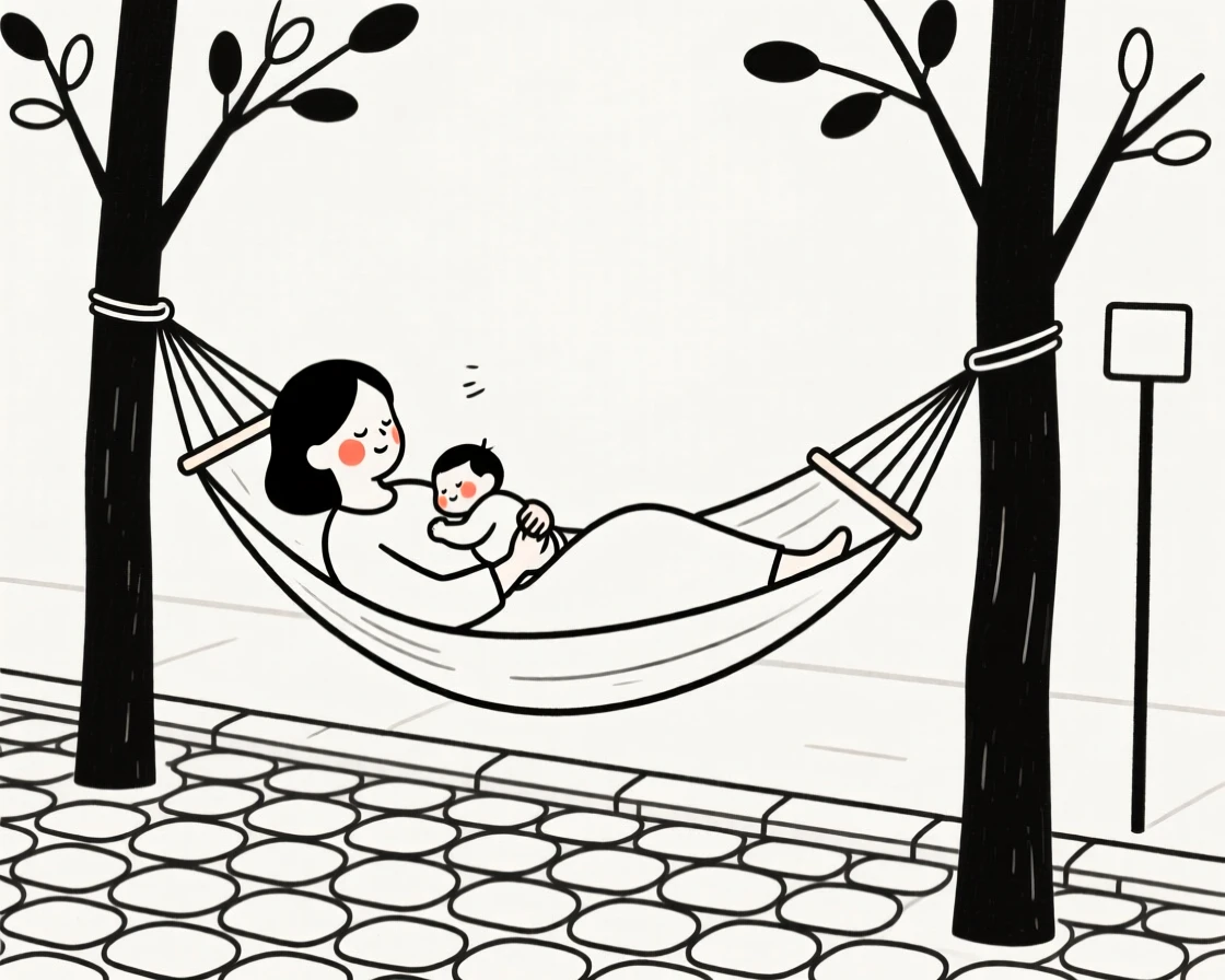 A new mother resting in a hammock under the trees, on a quiet cobblestone street.