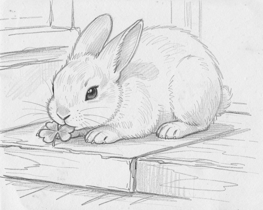 A fluffy baby bunny nibbling clover, on a warm porch step, with tiny paws tucked in close.