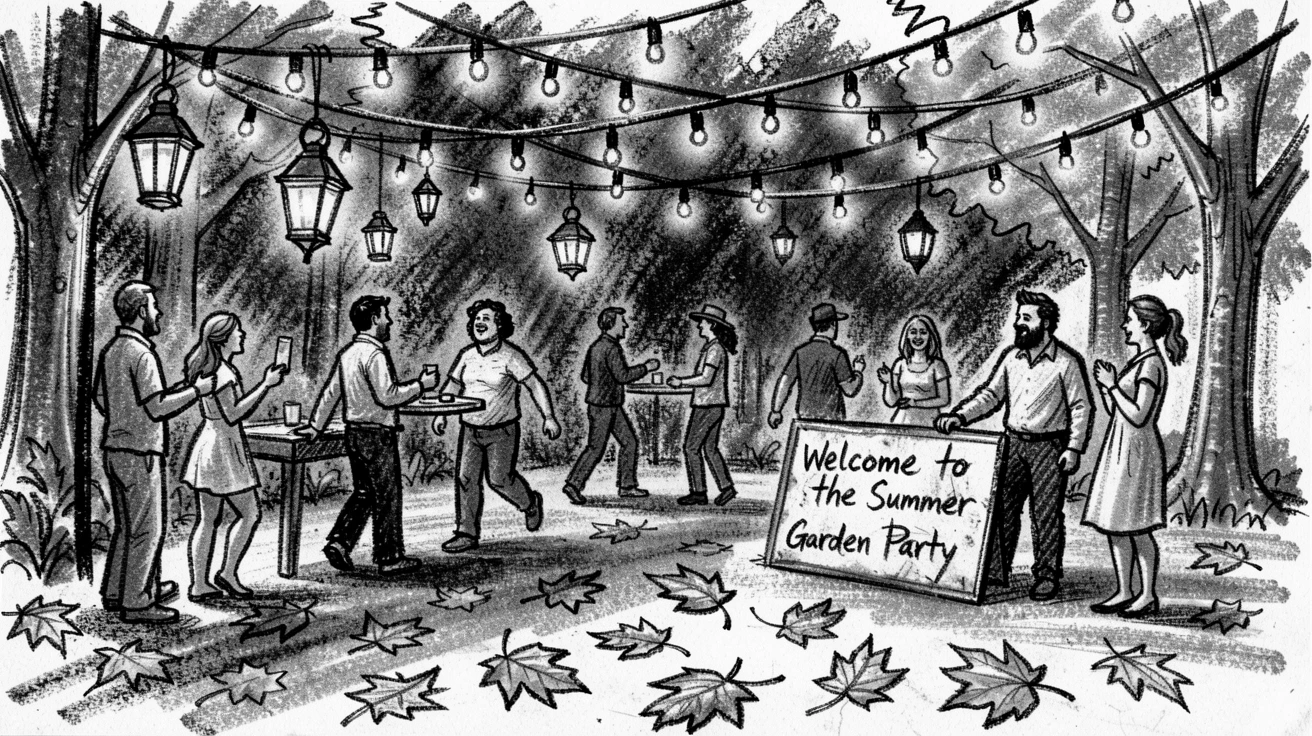 A summer garden party with string lights and lanterns, with autumn leaves scattered underfoot.