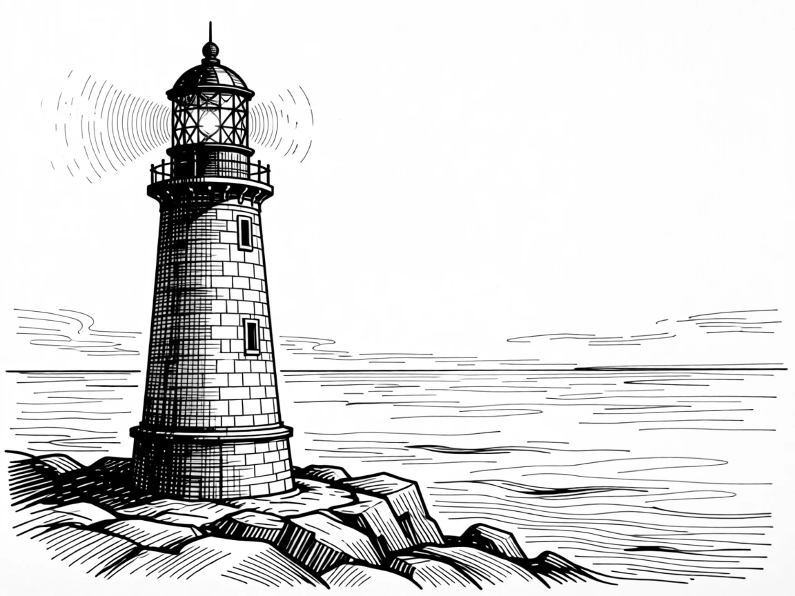 A single lighthouse standing steady against a calm evening sea.