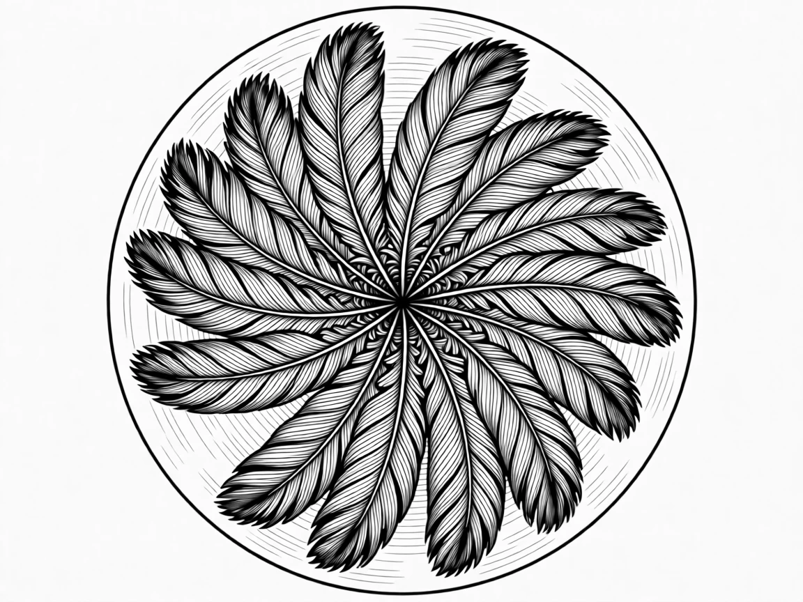A circular composition of feathers arranged like a fan arranged in flowing, organic symmetry, with delicate details layered at every scale, forming an intricately beautiful decorative composition.
