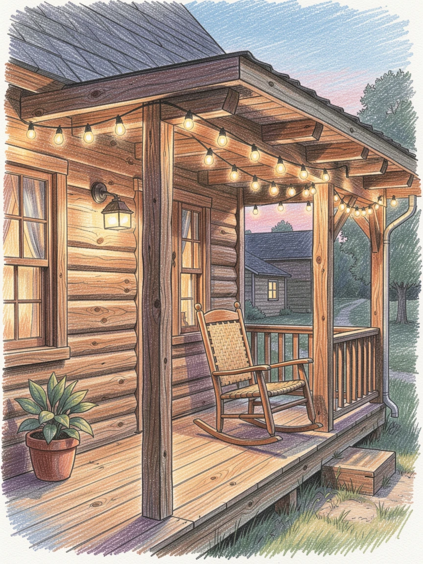 A rustic countryside cabin porch strung with warm string lights, with a gentle play of light and shadow across the composition, radiating comfort, joy, and quiet beauty.