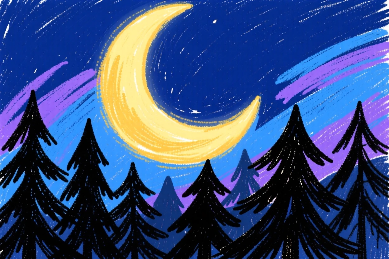 A crescent moon glowing above silhouetted pine trees.