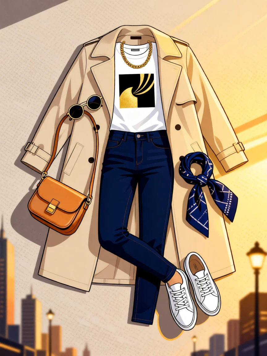 A fashionable outfit laid out flat with trendy accessories, surrounded by soft golden evening city light, framed to capture authentic everyday urban charm, with vibrant, trendy colors that feel fresh and current.
