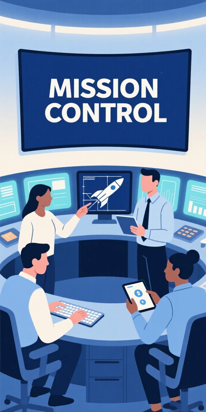 A research team collaborating on a project in a mission control room.