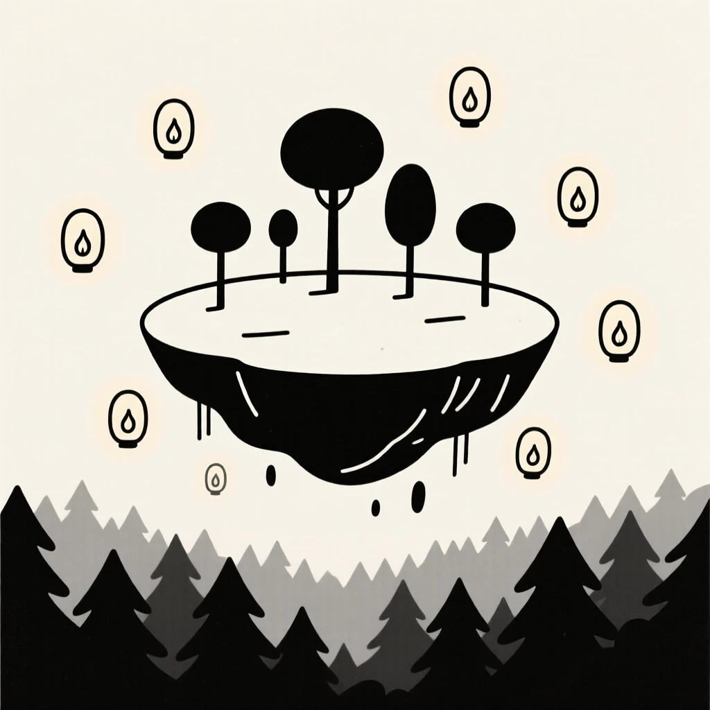A floating island covered in trees floating above a forest suspended in midair, surrounded by floating lanterns, radiating boundless wonder.