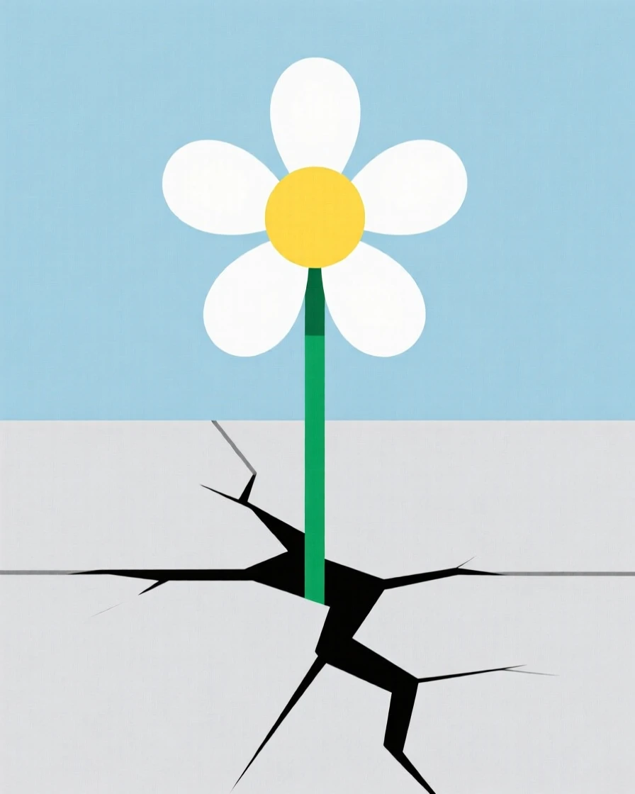 A single flower blooming through a crack in pavement
