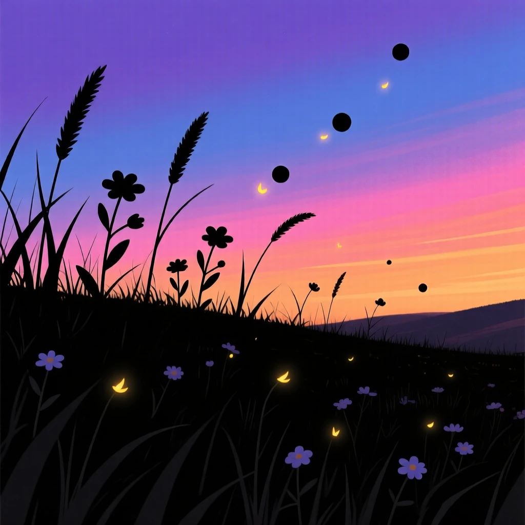 A quiet field of fireflies rising just as the last light of day fades.