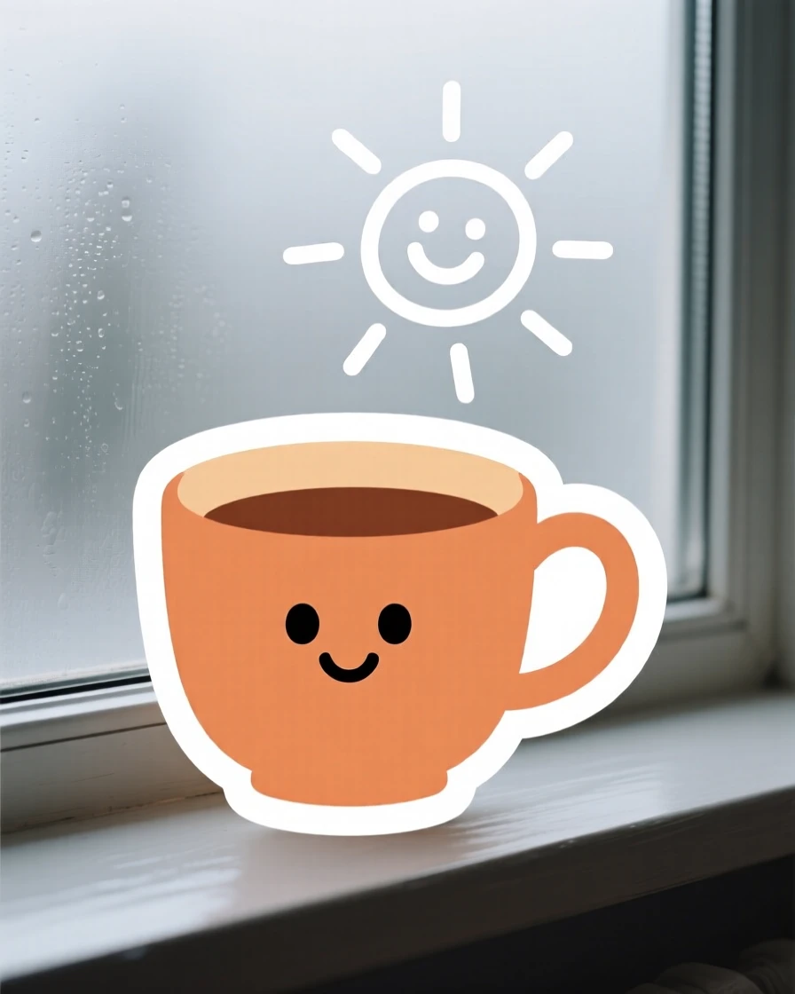 A delightfully relatable cup of tea beside a fogged-up window with a doodle drawn on it, with an expression that melts hearts instantly, a simple moment that feels universally loved.