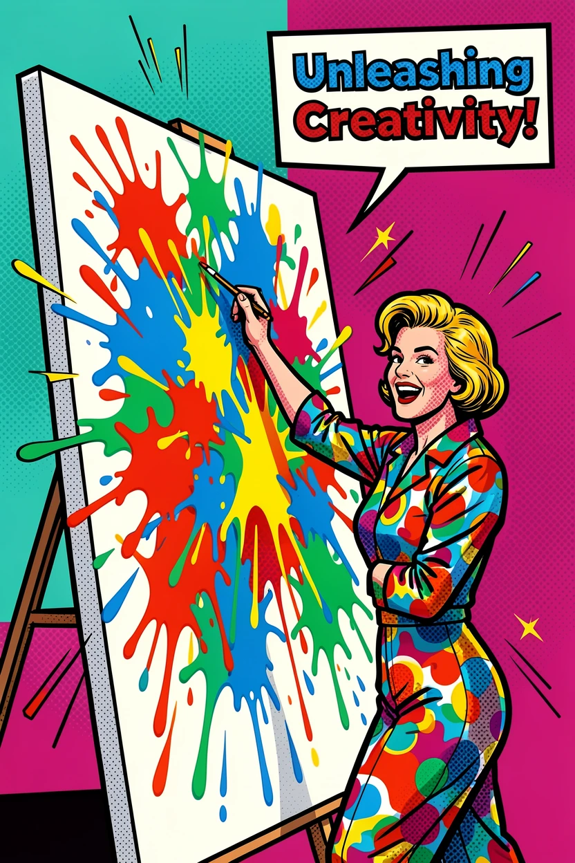 An artist splattering lively paint across a large canvas