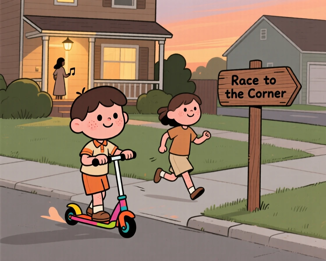 A child rides a scooter down a quiet suburban street on a warm summer evening, racing a friend to the corner as someone humming a tune drifts from a nearby porch.