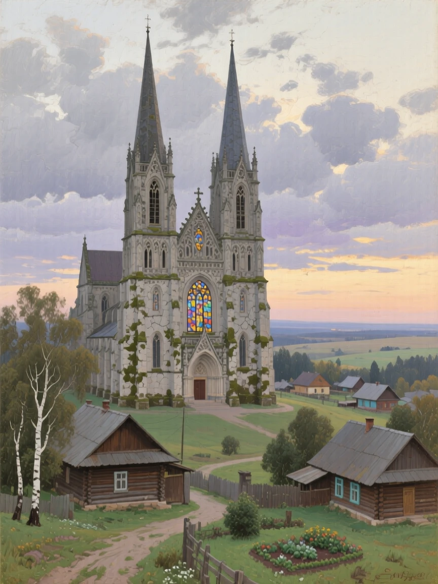 An expansive vista of a grand cathedral with soaring spires against a dramatic sky, in a Ukrainian village, in the interwar years, in the pale light of early evening.