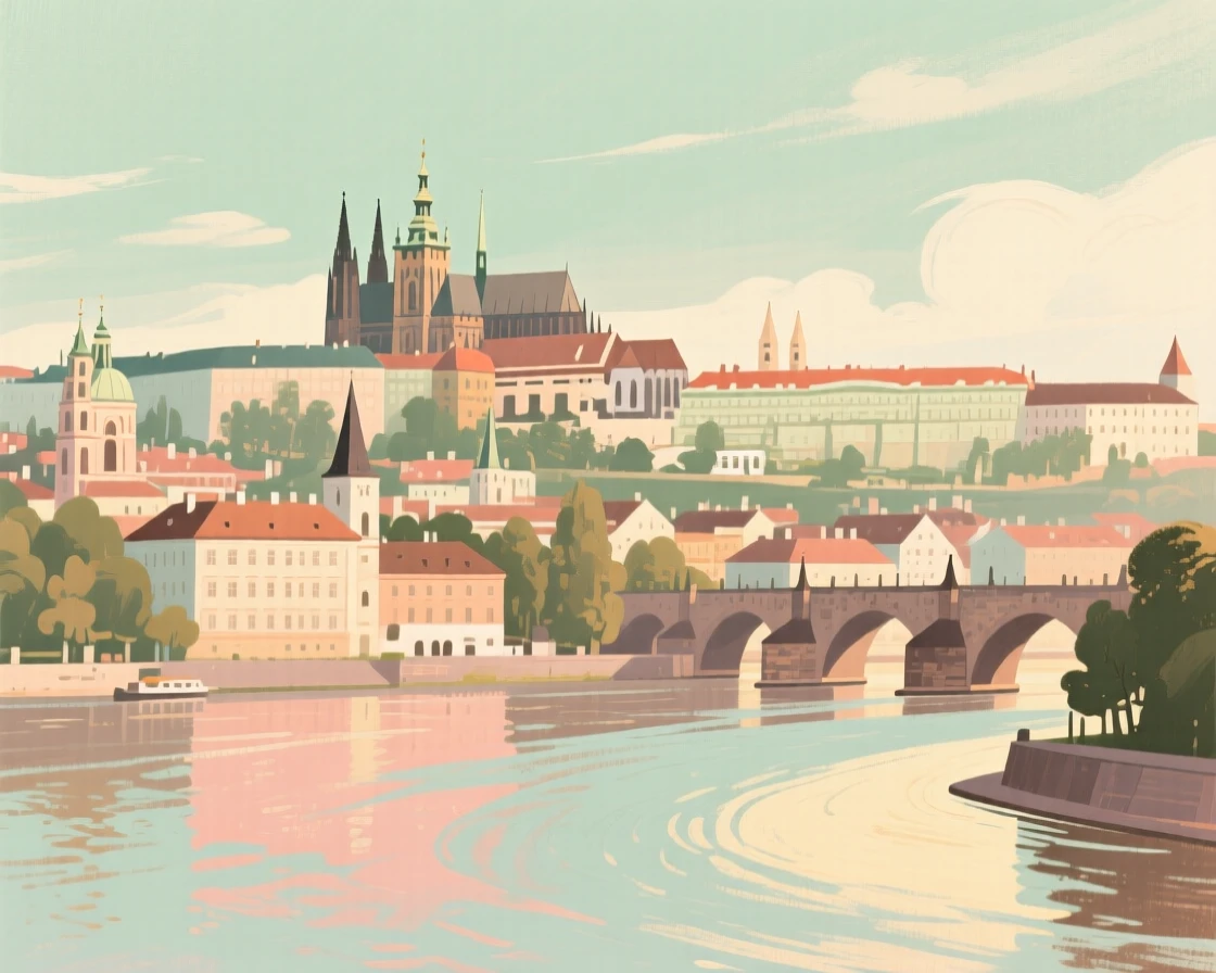 A panoramic view of Prague's castle above the Vltava River