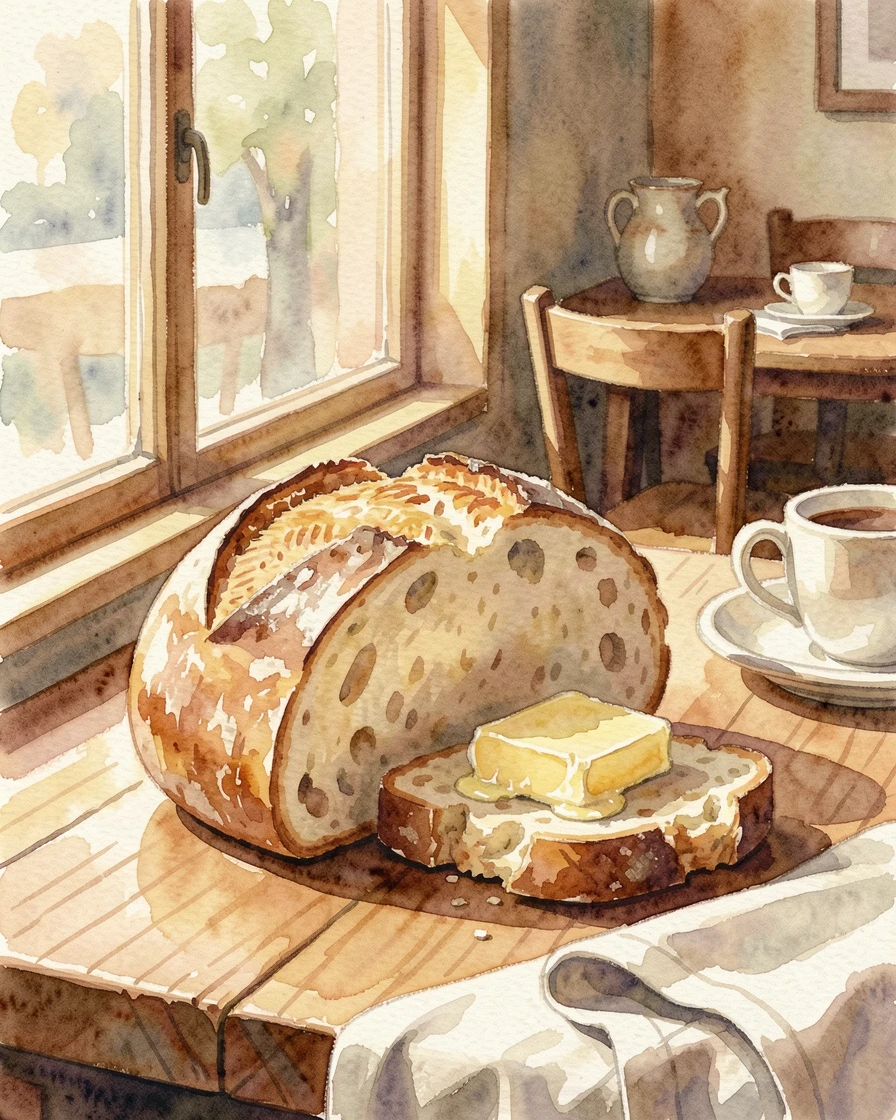 A rustic loaf of fresh bread with a pat of butter in a cozy cafe setting with sunlight catching the glass.