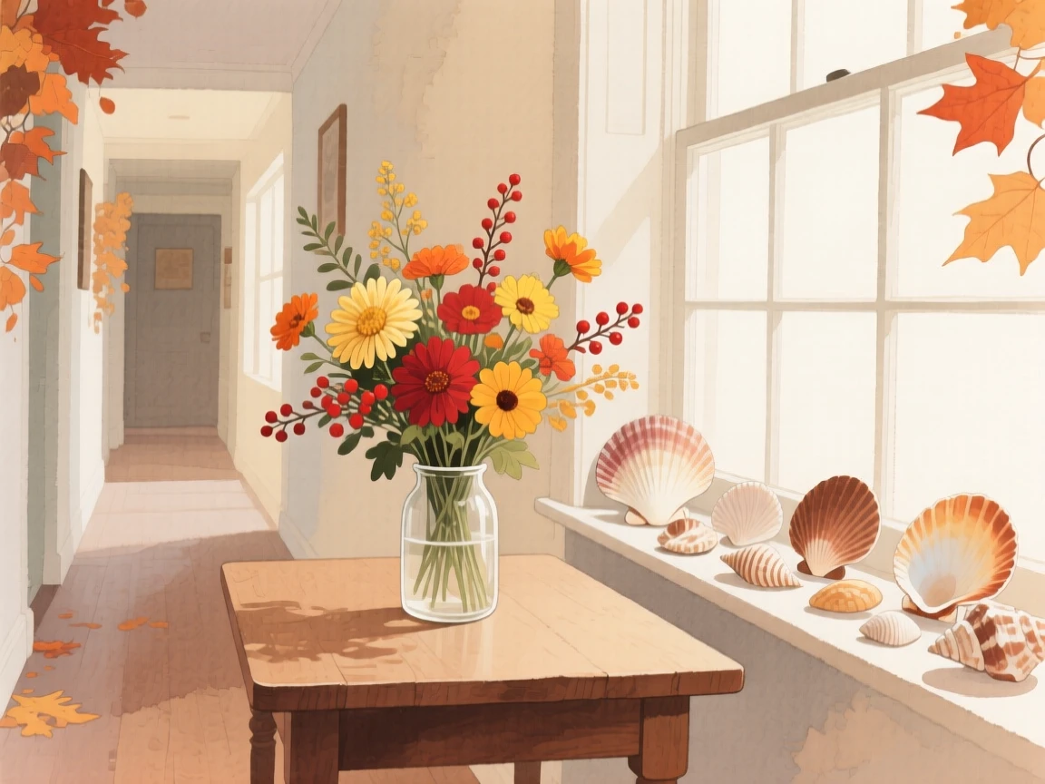 A charming view of an autumn-decorated hallway, with fresh flowers arranged on the table, featuring a collection of seashells on the windowsill